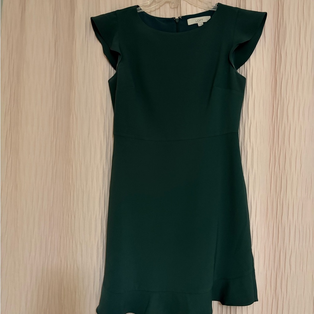 LOFT Dark Green Ruffle Sleeve Midi Dress